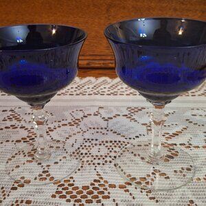 Vintage Louie Cobalt Blue Glass Tall Sherbet/Champagne Coupe Glasses